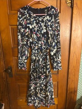 DKNY Black Floral Long Sleeve Midi Dress